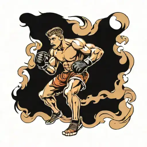 A fierce kick boxer in action, surrounded by flames and smoke tattoo design idea