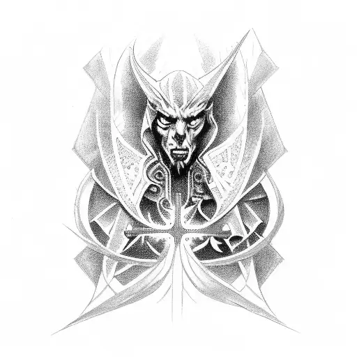 neo tribal cross with devil may cry and cathedral, victorian style tattoo design idea