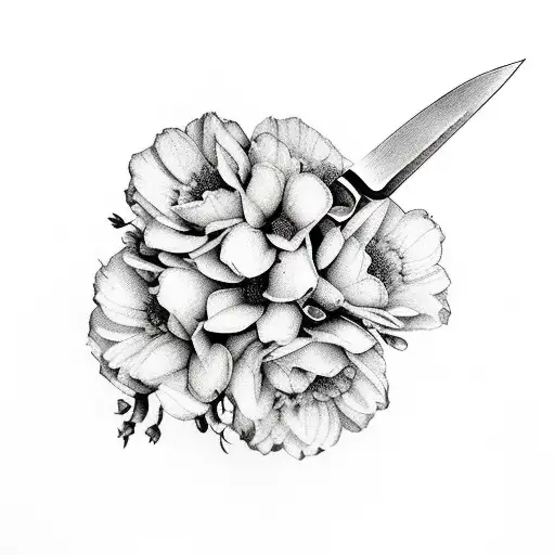 Realistic bouquet of March, August, and July birth flowers with a subtle chef's knife hidden among the petals tattoo design idea