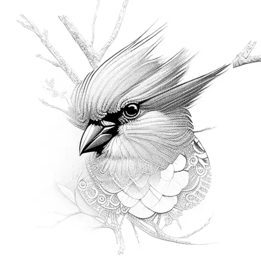 A majestic red cardinal perched on a branch, surrounded by intricate lace-like patterns tattoo design idea