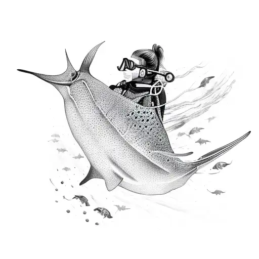 female scuba diver with eagle ray tattoo design idea