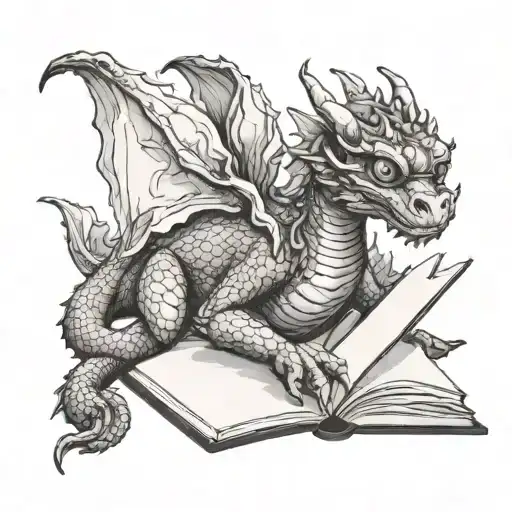 black and white illustration of a female dragon with glasses coyly looking at you while lounging and reading a book tattoo design idea