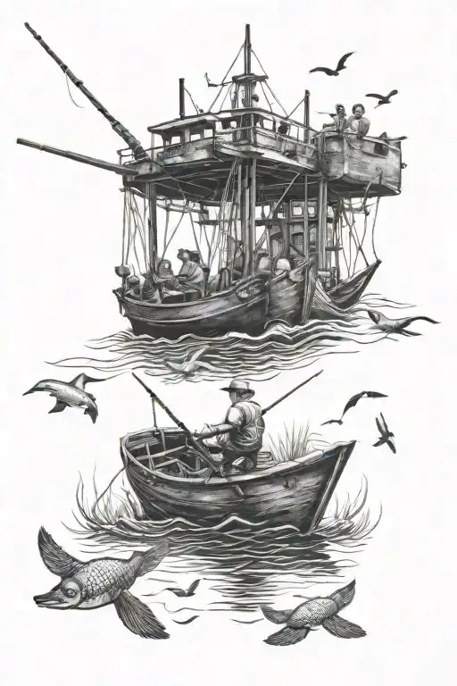 peacefully fishing on a boat alone into heaven. memorial tattoo.  tattoo design idea