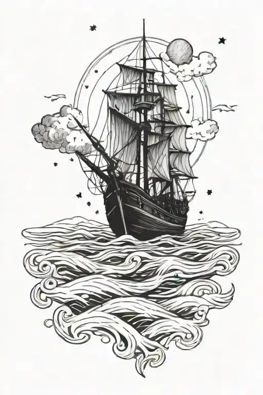 peacefully fishing on a boat alone into heaven and the stars on the open ocean . memorial tattoo.  tattoo design idea