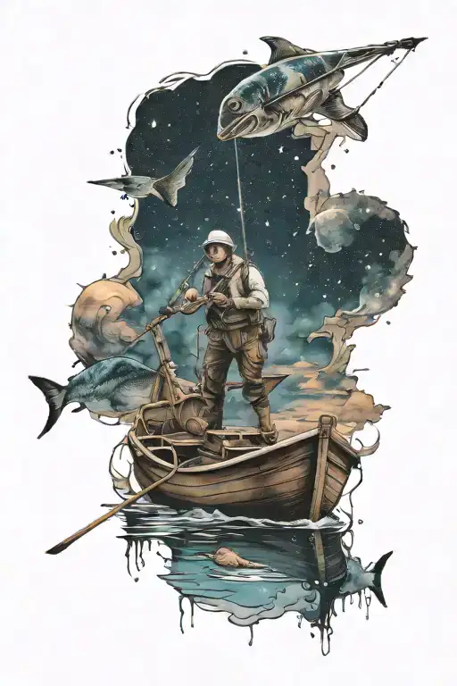 peacefully fishing on a boat alone into the stars tattoo design idea