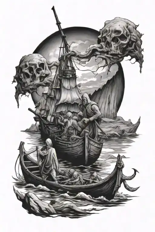 Blackwork "River Styx With Charon The Ferryman" Tattoo Design Idea tattoo design idea