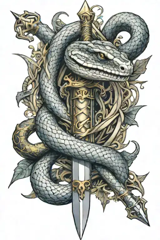 snake wrapping around Excalibur sword tattoo design idea