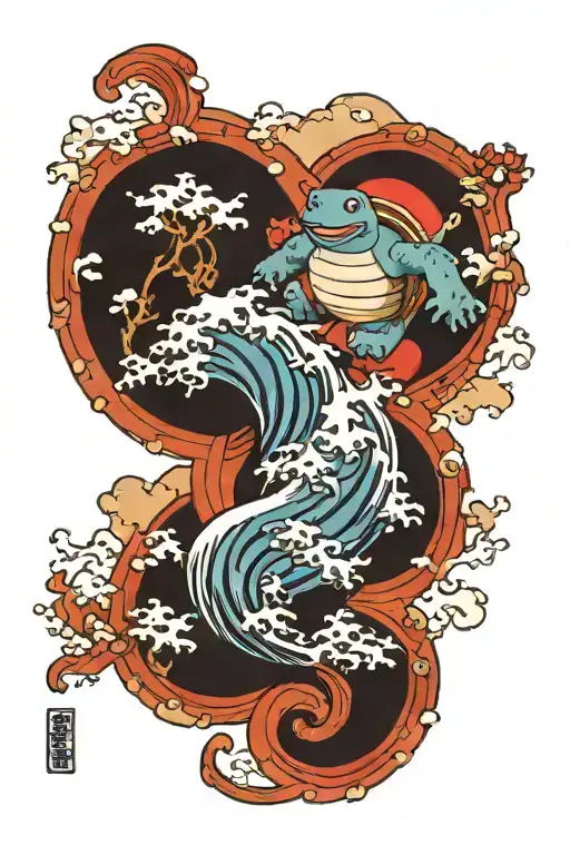 the Japanese great wave with squirtle riding a blastoise like a surfboard tattoo design idea