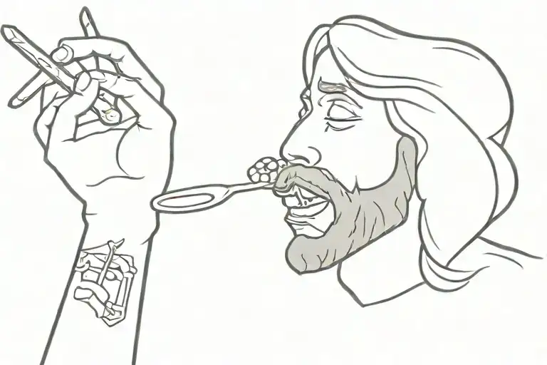 Jesus eating schnitzel (piece of fried meet), glass of water in other hand  tattoo design idea