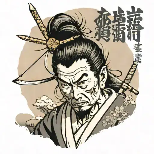 Traditional tattoo of Miyamoto Musashi on a mountain in Japan with lotus flower and a quote in Japanese that said think  tattoo design idea
