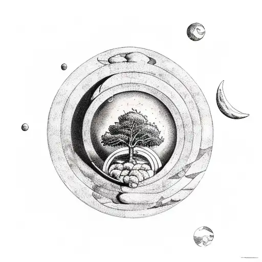 greek sysyphus pushing his rock with the sky sun and moon and a tree in the background tattoo design idea