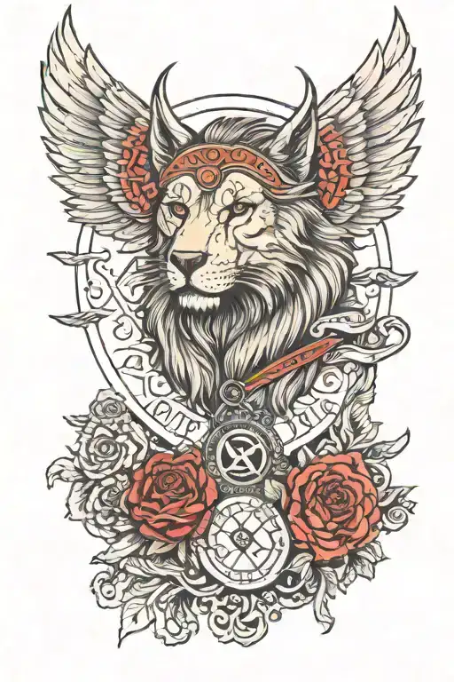 Wolf, warrior angel , lion head , latin text tattoo design idea