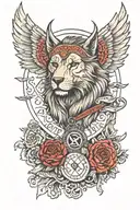 Wolf, warrior angel , lion head , latin text tattoo design idea