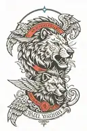 Wolf, warrior angel , lion head , latin text tattoo design idea