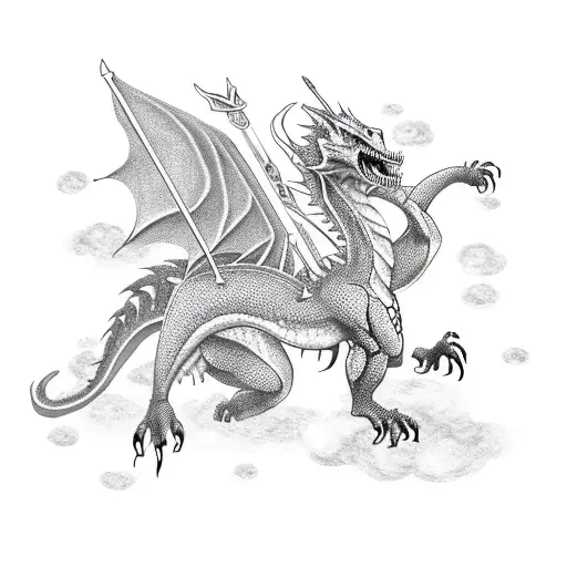 A fierce dragon breathing fire, with a knight riding on its back, raising their sword triumphantly towards the sky tattoo design idea