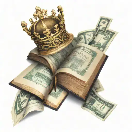An open Bible with a crown on top of it. The Bible is sitting on gold bars and money.  tattoo design idea