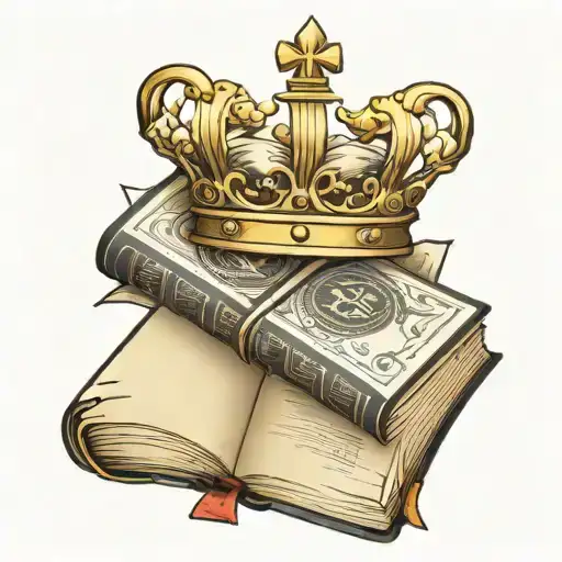 An open Bible with a crown on top of it. The Bible is sitting on gold bars and money.  tattoo design idea