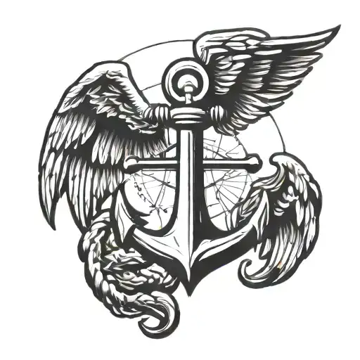 A minimalist design of a naval anchor with wings, representing the client's connection to both the Royal Navy and Royal Airforce tattoo design idea