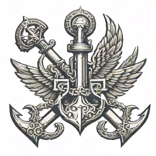 A minimalist design of a naval anchor with wings, representing the client's connection to both the Royal Navy and Royal Airforce tattoo design idea