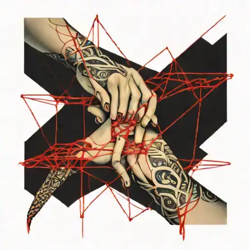 red string of fate woven through geometric patterns tattoo design idea