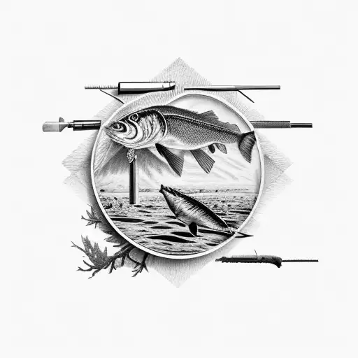 A collage of hunting and fishing scenes incorporating elements of Texas and Mississippi landmarks tattoo design idea