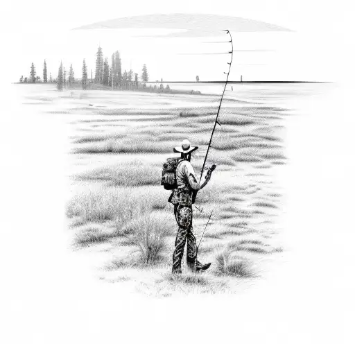 A hunting rifle and fishing rod crossed with a background of Texas and Mississippi landscapes tattoo design idea