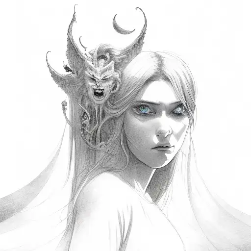 path in clouds with demons and angels in both sides pulling the traveler to both directions woman looking behind bushes  tattoo design idea