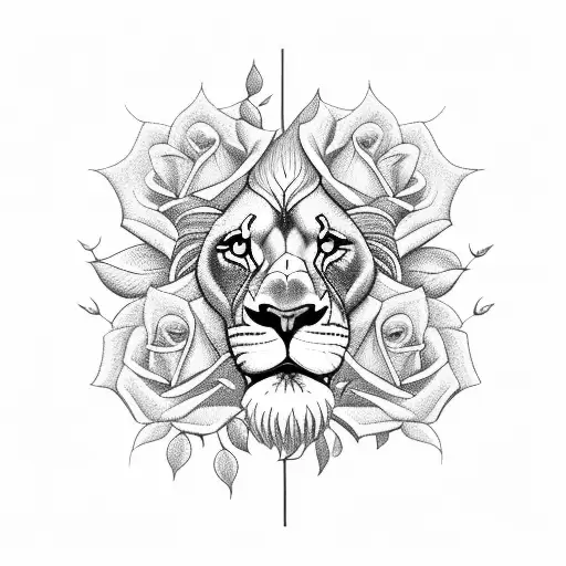 lion, roses, clock tattoo design idea