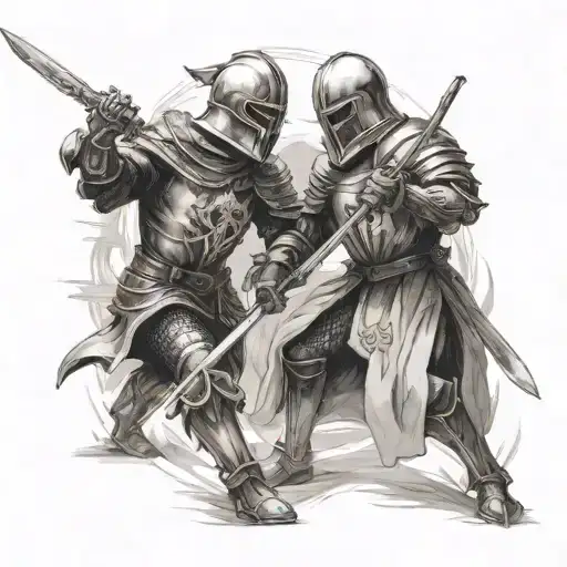 two knights fighting, One black White a mace and a skull elmet, the other One light White a long sword tattoo design idea
