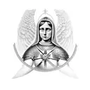 Combination of 2 images. Joan of Arc on my left pectoral faceing skeletons on my right pectoral.  tattoo design idea