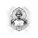 Combination of 2 images. Joan of Arc on my left pectoral faceing skeletons on my right pectoral.  tattoo design idea