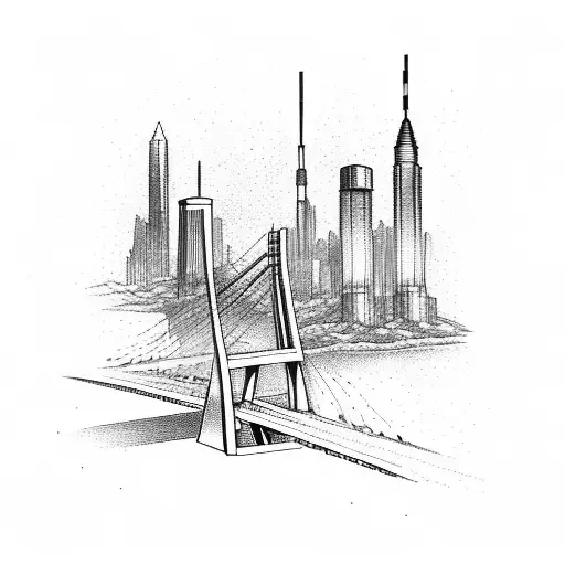 skyscrapers in background, suspension bridge over river in foreground, line of electricty pylons tattoo design idea