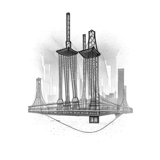 skyscrapers in background, suspension bridge over river in foreground, line of electricty pylons in the background. cogs tattoo design idea
