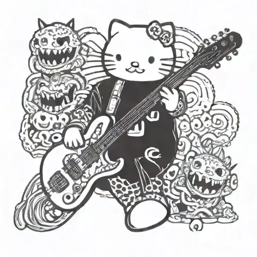 rock hello kitty playing guittar and baby godzilla Make godzilla tattoo design idea