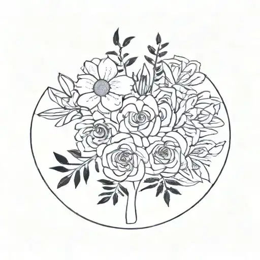 Birth flowers bouquet of siblings, names on stems, Natalia: December, Bruce: November, Tenley: April, Sam: March, Nico:  tattoo design idea