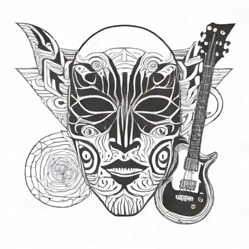 theatrical mask with guitar neck tattoo design idea