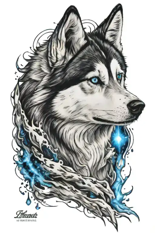 husky face with blue eyes saying rest in peace storm  tattoo design idea