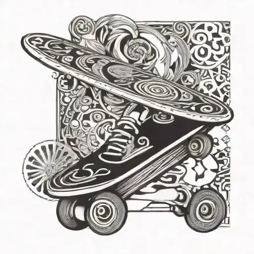 A stylish fashion-inspired tattoo featuring a skateboard as the focal point, surrounded by intricate patterns and textures reminiscent of clothing designs tattoo design idea