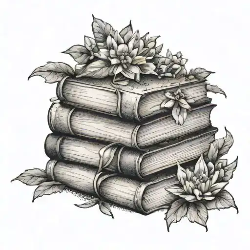 A dotwork tattoo of a stack of books with an Edelweiss flower growing out of them, symbolizing the client's love for reading and nature tattoo design idea