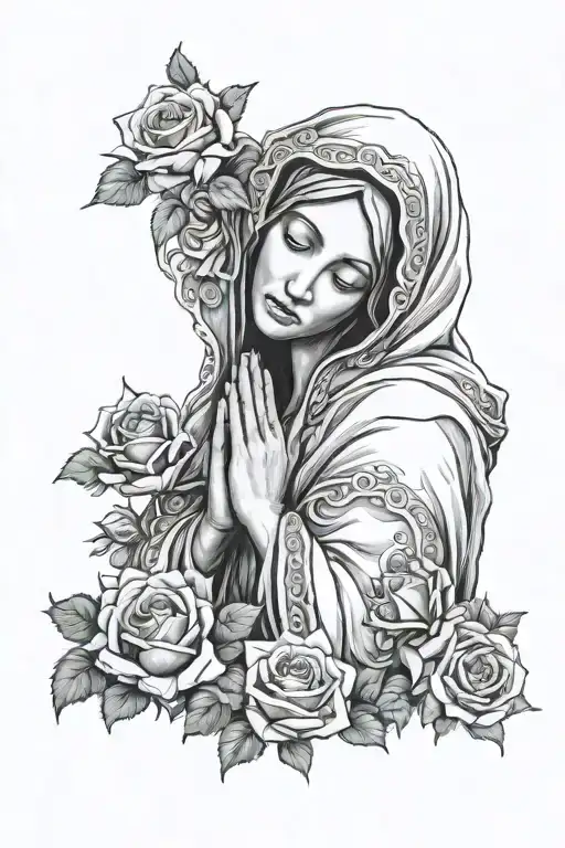 mother mary with hood covering eyes hands folded in prayer intertwined with roses  tattoo design idea