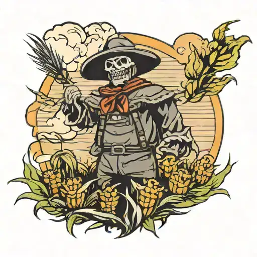 scary scare crow in a corn field, clouds, UFO hovering tattoo design idea