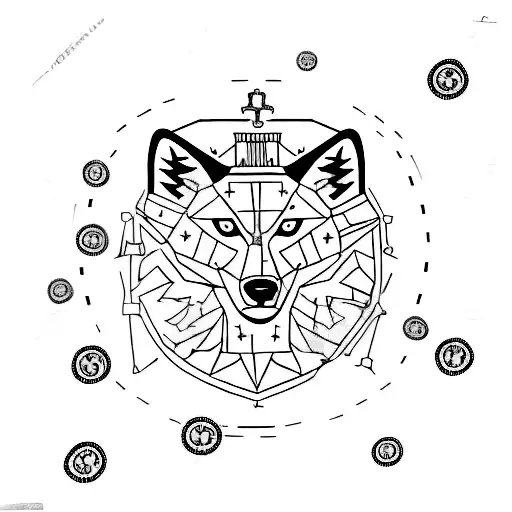 A minimalist tattoo of a wolf surrounded by dollar signs, capturing the cunning nature of the stock market and its connection to financial gain. tattoo design idea