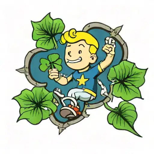 vault boy with 4 leaf clover tattoo design idea