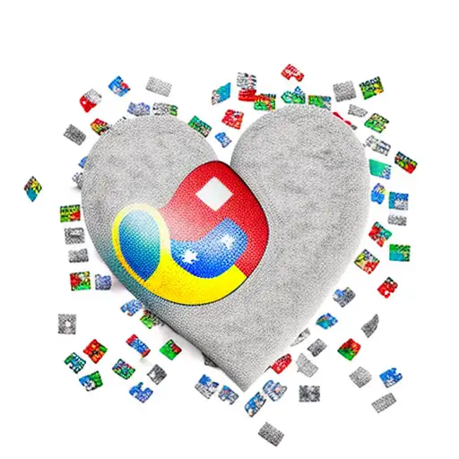 A heart-shaped Brazil flag with puzzle pieces representing autism, surrounded by coffee beans and musical symbols tattoo design idea