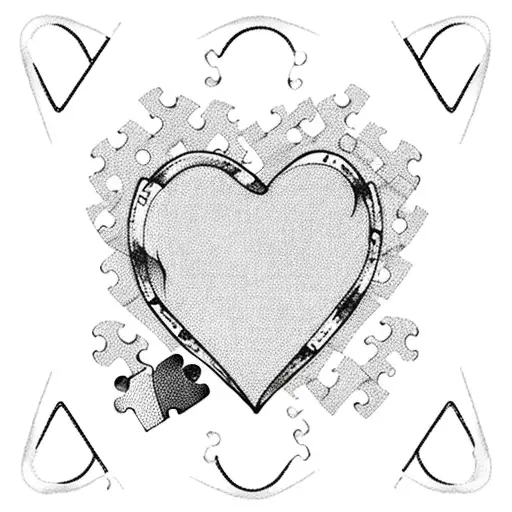 A heart-shaped Brazil flag with puzzle pieces representing autism, surrounded by coffee beans and musical symbols tattoo design idea