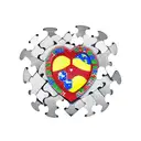 A heart-shaped Brazil flag with puzzle pieces representing autism, surrounded by coffee beans and musical symbols tattoo design idea