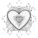 A heart-shaped Brazil flag with puzzle pieces representing autism, surrounded by coffee beans and musical symbols tattoo design idea