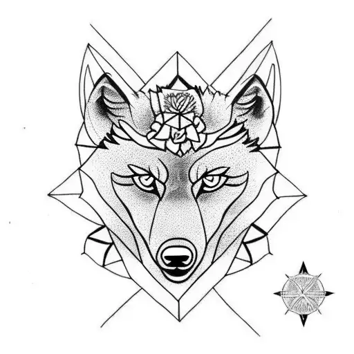 Wolf on forearm with carnations, ankh symbol and compass tattoo design idea