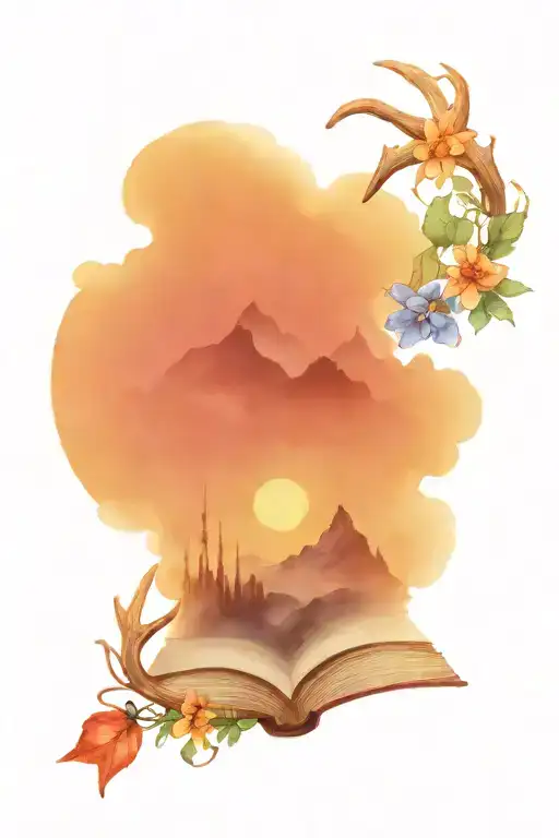 books with an antler, a crescent moon, a 3 peak mountain, and wildflowers from March, August, and September  tattoo design idea