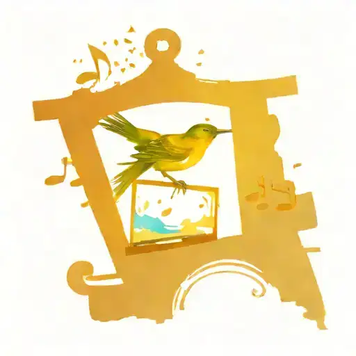 Bird drinking water from musical notes falling on the roof tattoo design idea
